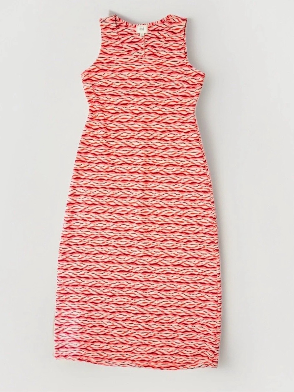 Vintage ECI 90s Maxi Dress Wavy Knit Chevron Red Pink Tan Textured Stretch